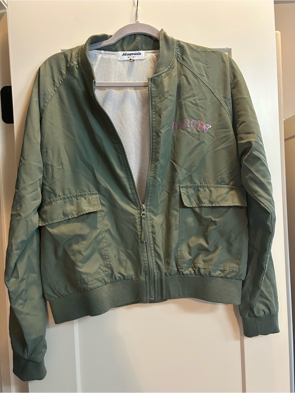 Aeropostale Women's Olive Green Bomber Jacket with Embroidered Detail